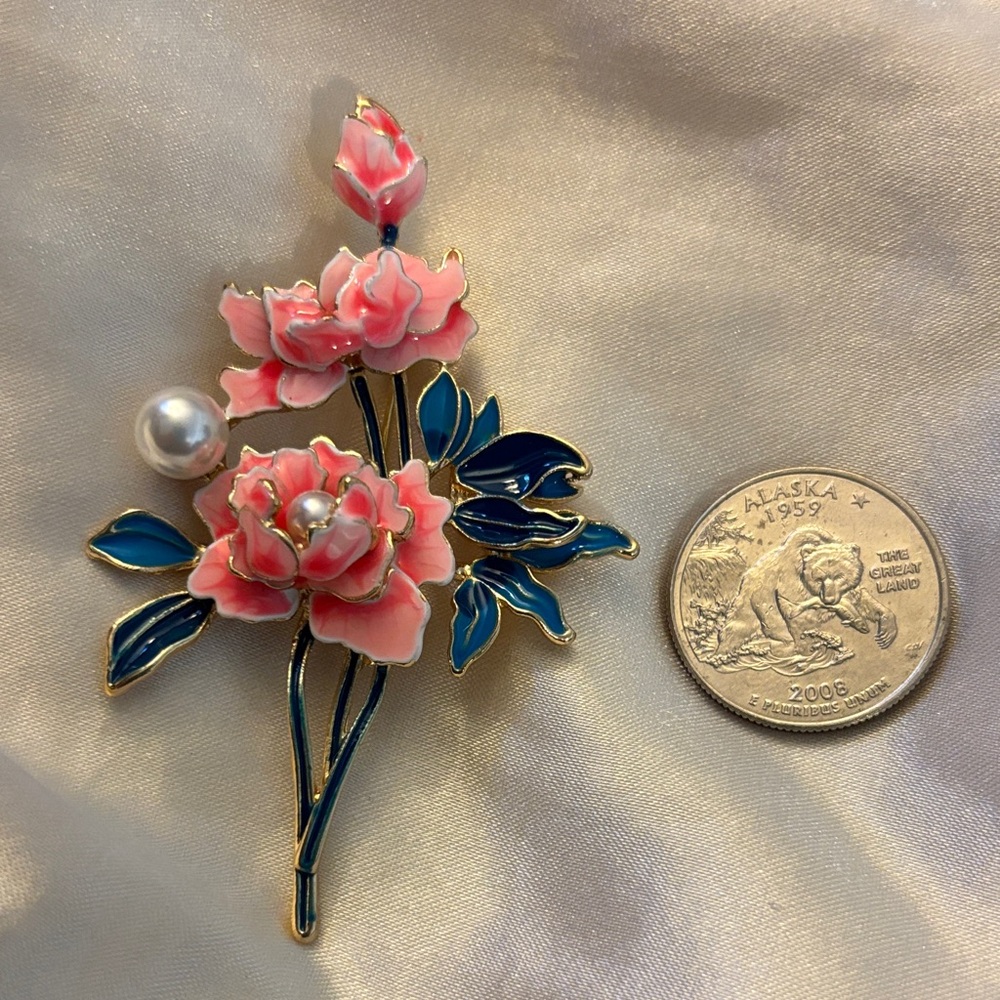 Peony Brooch with Pink and Dk Teal Accents